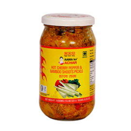 Aamako Hot Cherry pepper & Bamboo Shoot Pickle (Dalla Bamboo) 380 gm in bottle