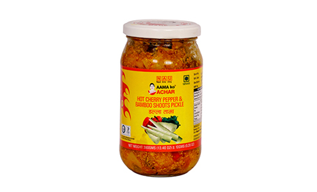 Aamako Hot Cherry pepper & Bamboo Shoot Pickle (Dalla Bamboo) 380 gm in bottle